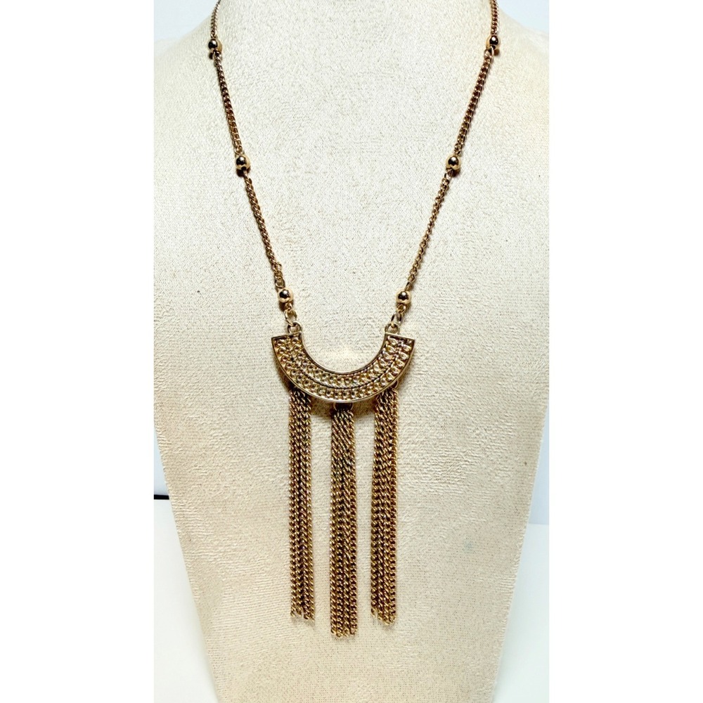 Gold Tone Rhinestone Crescent Fringe Necklace Beaded Station Chain 16 in